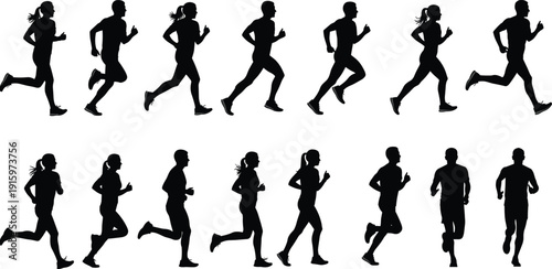 Running silhouettes set of men and women jogging poses, marathon fitness training runners isolated white background vector illustration black design