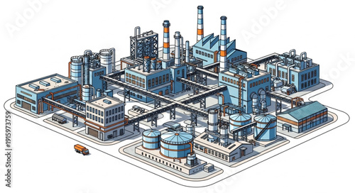 Modern industrial factory complex with many buildings and pipes.