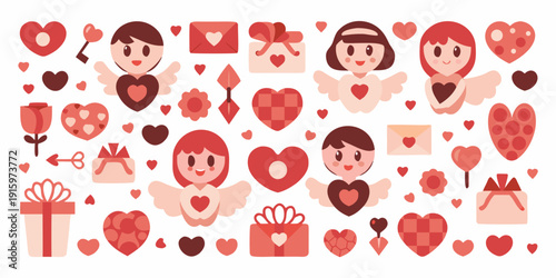 Colorful valentine s day themed illustrations with hearts and cute characters