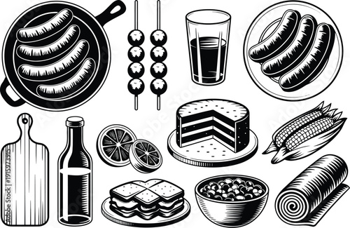 BBQ grill food sketch vector illustration set, hand-drawn barbecue elements including sausages, steak, skewers, corn, sauces, and cooking tools for restaurant menus, food design, grilling themes, and 