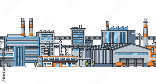 Modern industrial factory complex with multiple buildings and chimneys.