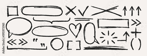 Hand Drawn Crayon Scribble Highlight. Vector Pencil Rectangle and Oval Frames, Wavy Strokes, Speech Bubbles, Arrows, Heart. Doodle Chalk Textures Set in Kids Style for Sticker, Banner, Poster