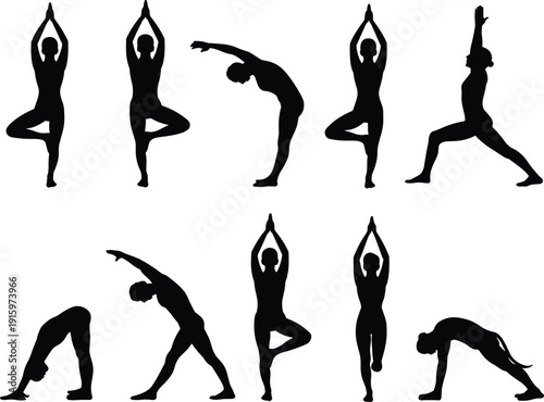 Yoga pose silhouettes collection featuring women practicing balance and stretching asanas, fitness and meditation vector set isolated on white background