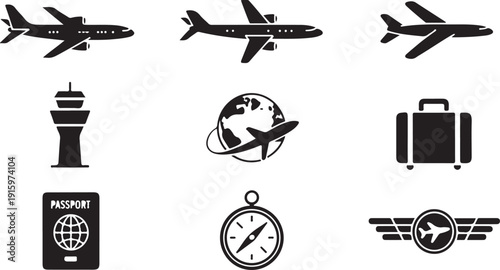 airplane aviation set navigation compass passport winged emblem icons