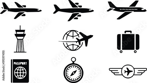 airplane travel symbols airport control tower globe suitcase passport