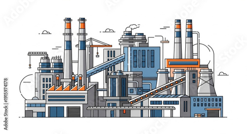 Modern industrial factory complex with multiple buildings and chimneys.