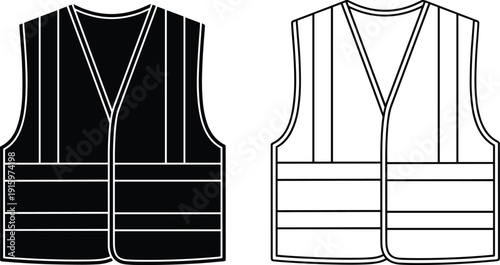 Safety,vest,icon,reflective,workwear,protective,clothing,industrial,uniform,construction,security,visibility,equipment,apparel,illustration,black,white,outline,isolated,vector