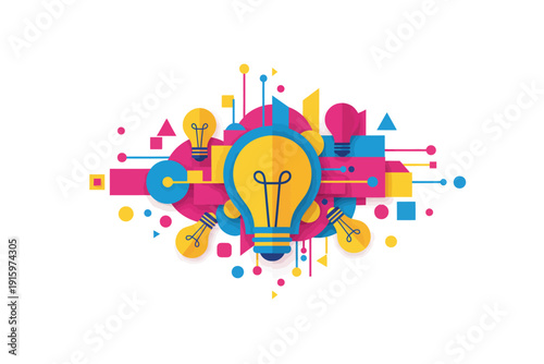 Lightbulb with colorful geometric shapes in vibrant abstract style with bright lighting for creative inspiration