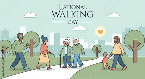 National Walking Day – Minimal Flat Vector Illustration of People Walking in Park