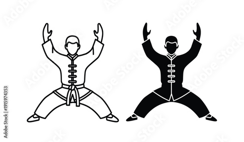 Vector illustration of two martial arts practitioners in dynamic poses with black and white line art styles