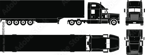 Semi-truck silhouette vector set – side, top, front views of cargo trailer truck illustration for transport, logistics, or blueprint design