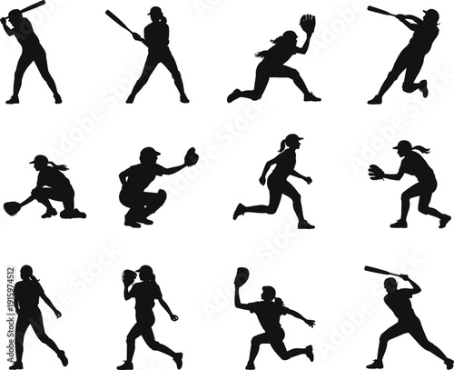 Set of female softball player silhouettes in various action poses, bat swing, catch, throw, pitch, run, vector illustration