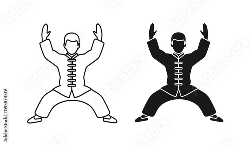 Vector illustration of two martial arts practitioners in dynamic poses with black and white line art