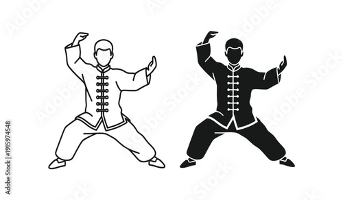 Vector illustration of two martial arts practitioners in dynamic poses with black and white color schemes