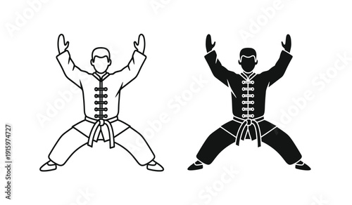 Vector illustration of two martial arts practitioners in dynamic poses with black and white color schemes