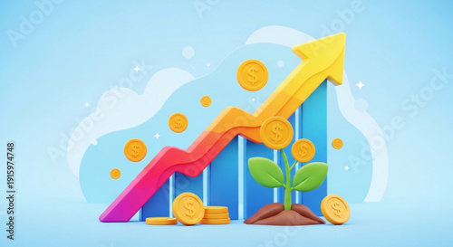 Growing financial success with increasing graph and coins