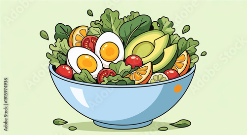 A vibrant and healthy salad bowl filled with fresh greens, avocado, hard-boiled eggs, cherry tomatoes, and citrus slices.