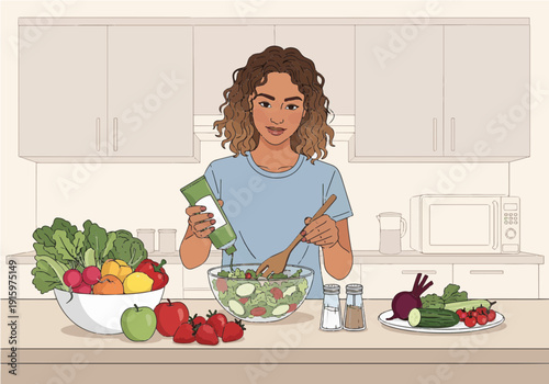 A young woman with curly hair prepares a fresh, healthy salad in a modern kitchen, surrounded by an abundance of colorful fruits and vegetables on the countertop.
