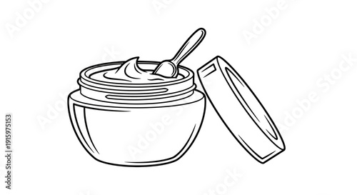 Cosmetic Cream Jar with Spoon, Skincare Product, Beauty Routine, Line Art Icon