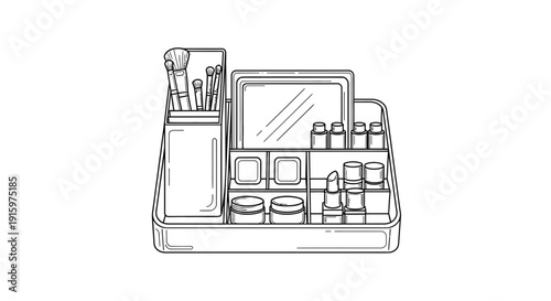 Cosmetic Organizer with Makeup Brushes, Lipstick, and Mirror - Line Art