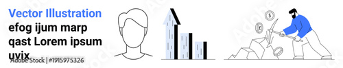 Business growth, financial progress, data analysis, leadership, workforce, economy. a bar chart, a human face outline and a person mining coins. Business growth and financial progress