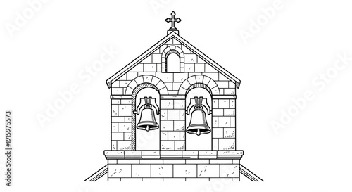 Church Bell Tower with Arched Openings and Cross