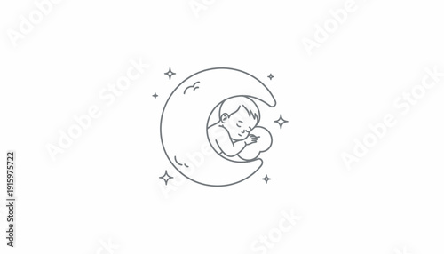Baby Sleeping on Crescent Moon Surrounded by Stars, Dreamy Night Sky Illustration