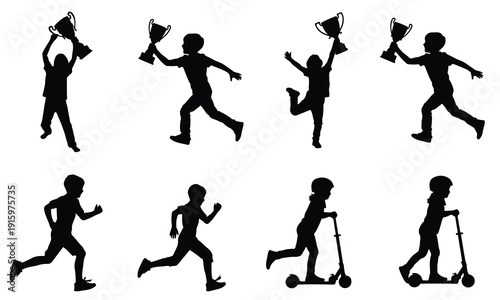 Children running, jumping with trophies, and riding scooters silhouette.