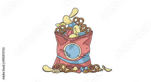 Bag of Chips and Pretzels Overflowing with Snacks, Isolated on White Background