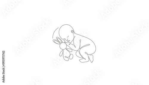 Baby Sleeping with Toy Bunny, Minimalist Line Art, Peaceful Childhood