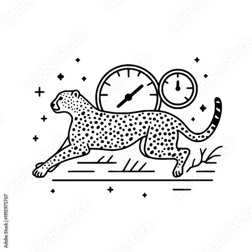 A cheetah running with two clocks behind it and stars and plus signs around it in a line art style