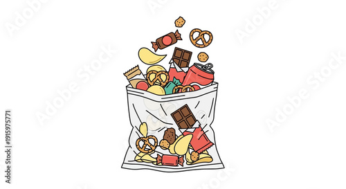 Bag of assorted snacks spilling out, including chips, pretzels, and candy.