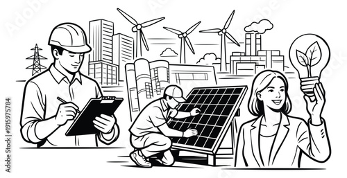 Hand drawn line art green energy set featuring industry professionals, wind turbines, and solar panels for sustainable development