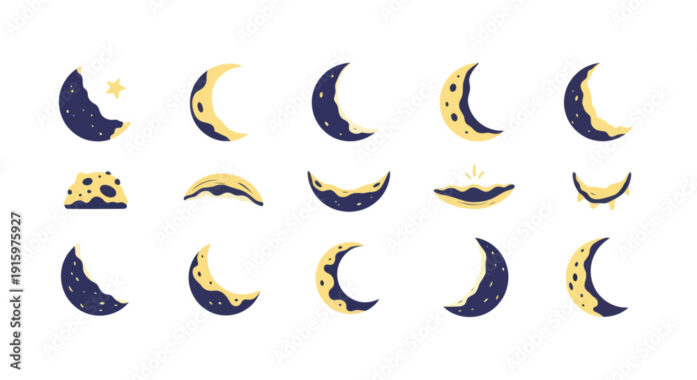 Obraz premium Hand drawn crescent moon icons set with various crater designs and night sky elements, perfect for celestial and astronomy projects
