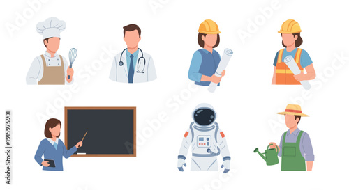 Collection of diverse professional occupations including chef, doctor, engineer, teacher, astronaut, and gardener illustrating various careers and roles
