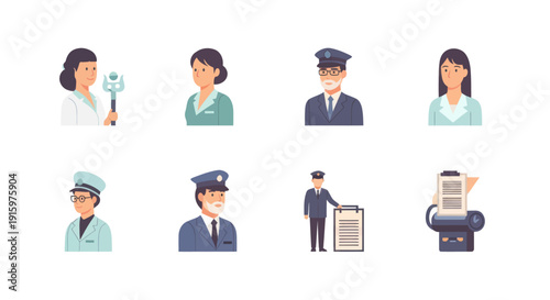 Collection of vector icons representing doctors and policemen medical professionals and law enforcement in uniform ideal for healthcare and security projects