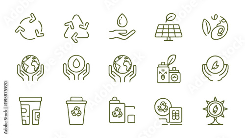 Modern Flat Vector Icons for Sustainable Living, Renewable Energy, and Eco-Friendly Lifestyle Concepts