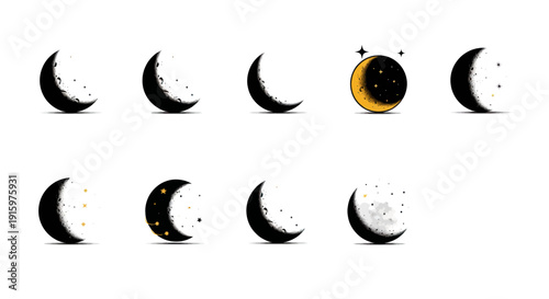 Hand-drawn crescent moon phases with stars and decorative elements, celestial icons set for astrology and night sky design