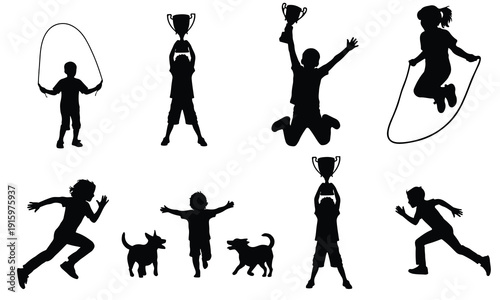 Silhouettes of children and dogs, some holding trophies and others playing with a jump rope.
