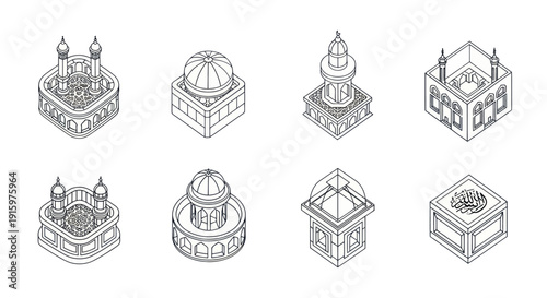 Isometric architectural line art of Islamic mosque elements and structures in black and white, perfect for religious and cultural design projects