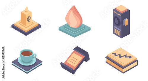 Isometric icons set including candle, flame, speaker, coffee cup, scroll, and business book, perfect for app design and digital projects