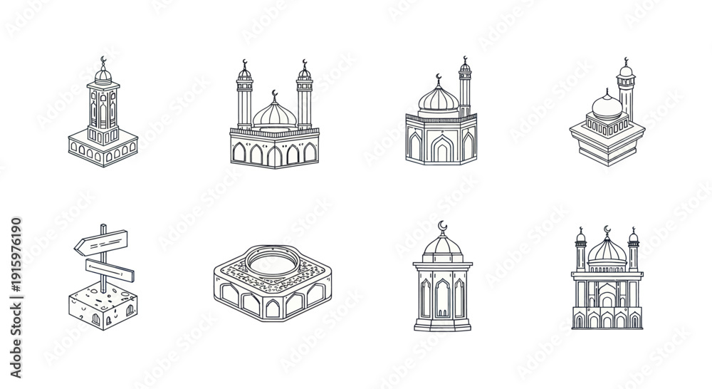 Obraz premium Set of hand-drawn mosque illustrations with minarets and domes, Islamic architecture symbols for religious designs and cultural projects