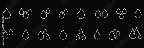 Waterdrop vector icon set. Droplet sign. Tear and oil isolated symbol. Water drop icon symbol in thin line, outline and stroke style. Vector illustration.