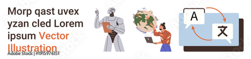 Artificial intelligence, global technology, language translation, machine learning, AI communication, knowledge sharing. Robot holding data, a person with a laptop translation symbols. AI