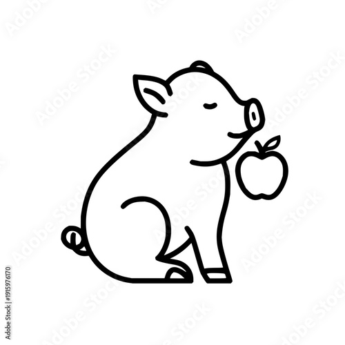 A cute pig outline holding an apple with closed eyes in a simple black and white line drawing style