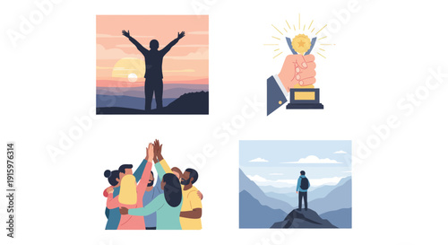 Success and teamwork concepts set with celebrating person, trophy, group high five, and lone hiker on mountain peak ideal for motivation and achievement