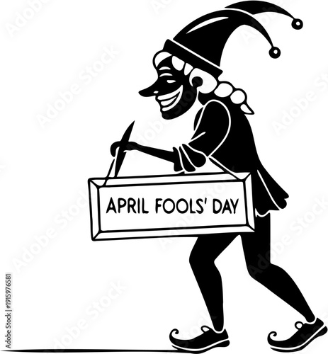 April Fools’ Day Jester Silhouette Carrying Sign Vector Illustration