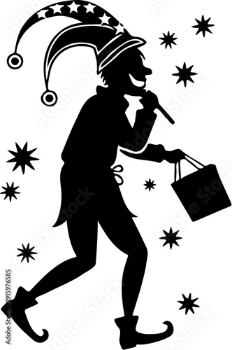 April Fools’ Day Jester Silhouette Carrying Sign Vector Illustration