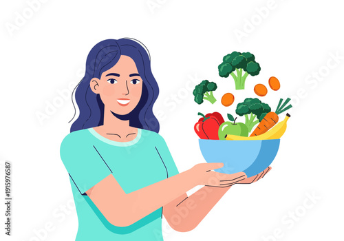 A smiling woman holding a bowl filled with fresh fruits and vegetables like broccoli, carrots, apples, bananas, and oranges, promoting healthy eating.