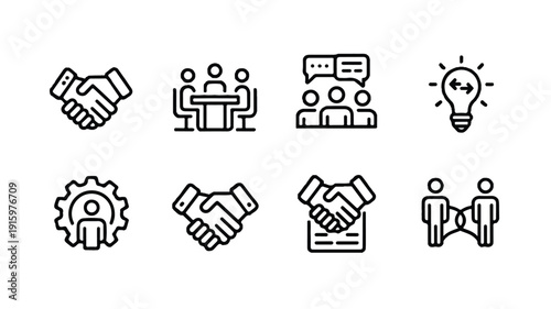 Modern Vector Icons Symbolizing Teamwork, Business Projects, and Collaborative Partnerships